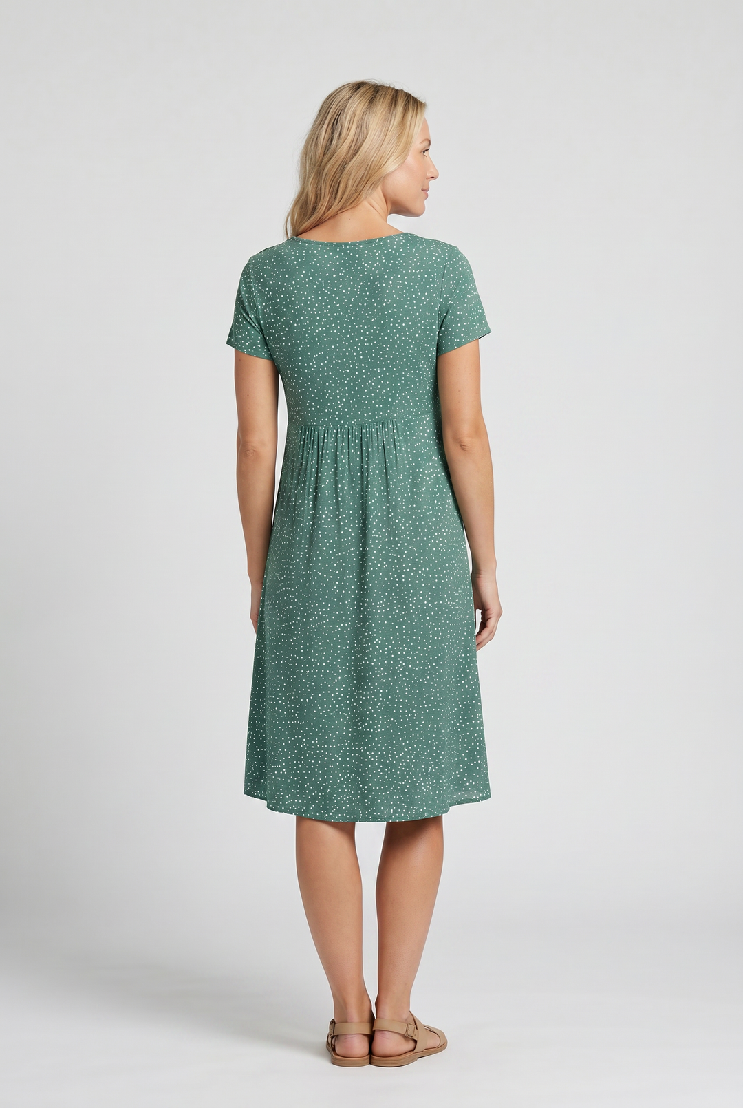 Versatile V-neck short sleeve A-line summer dress. Women's elegant knee-length midi for casual comfort.
