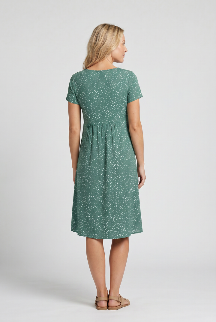 Versatile V-neck short sleeve A-line summer dress. Women's elegant knee-length midi for casual comfort.