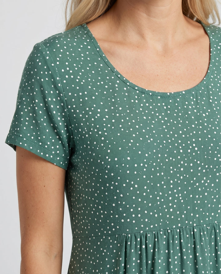 Women's casual V-neck short sleeve midi dress. A-line summer style, comfortable and elegant knee length.