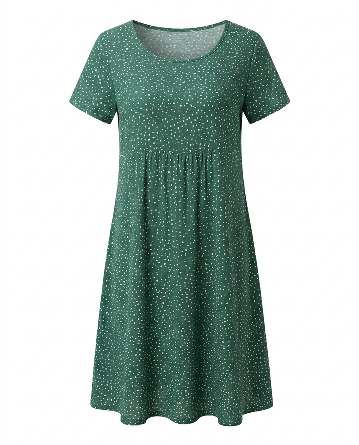 Stylish V-neck short sleeve women's summer dress. Comfortable A-line midi, perfect for any casual occasion.