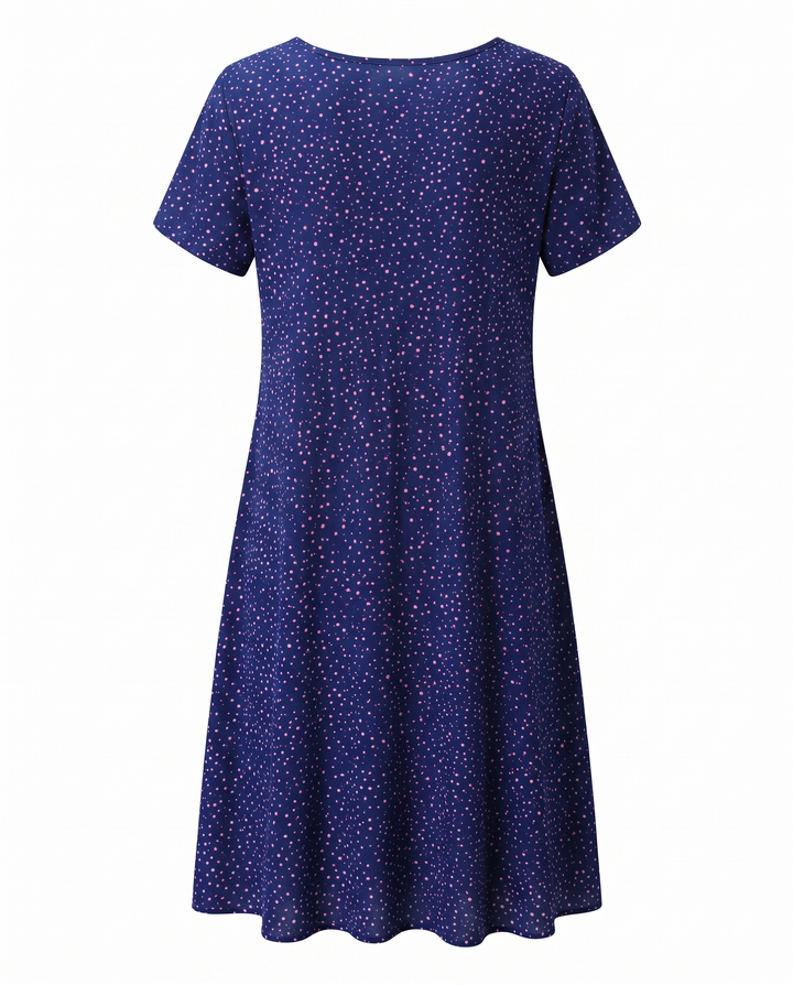 Elegant women's summer midi dress. V-neck, short sleeve, A-line cut for comfortable, versatile wear.