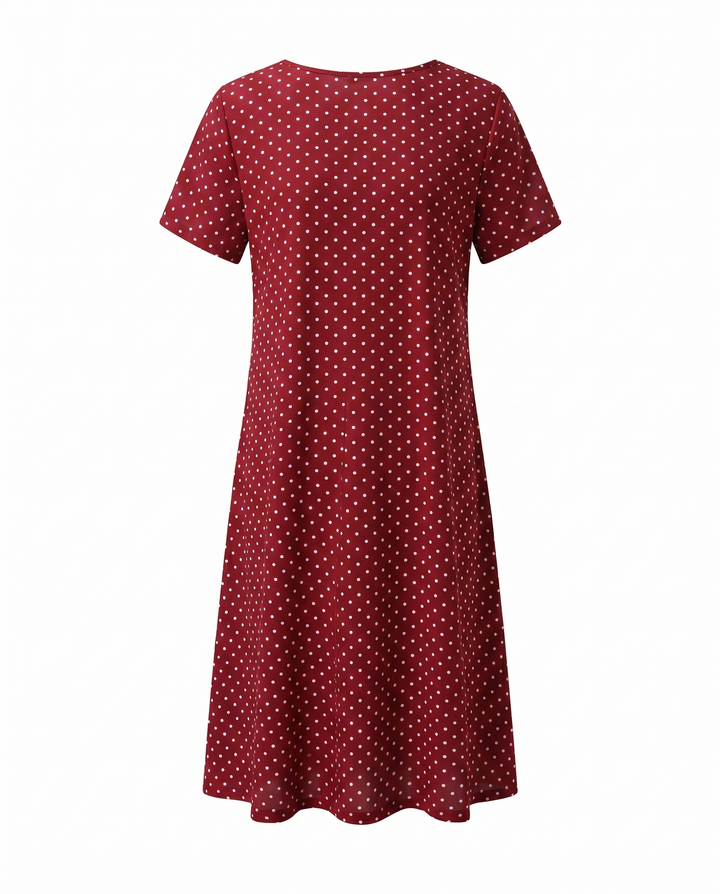 Comfortable V-neck short sleeve A-line midi dress for women. Ideal summer casual style, knee length.