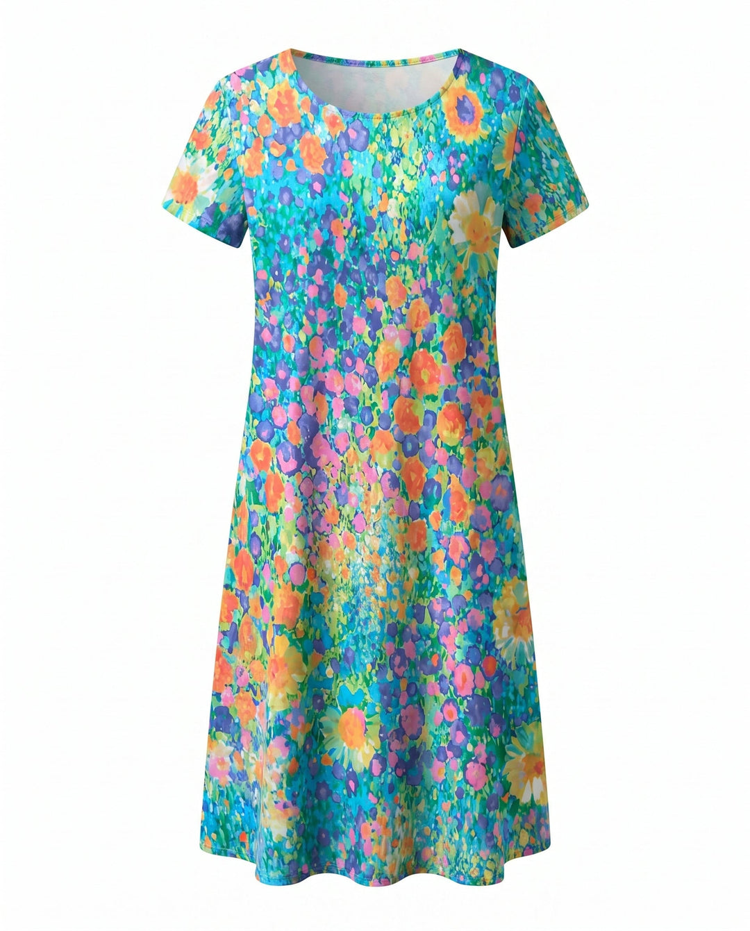 Women's V-neck summer dress, short sleeve midi length. Versatile A-line silhouette, casual and elegant.