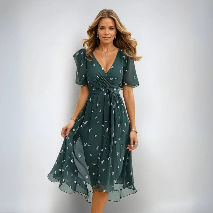 Women's V-Neck Short Sleeve Summer Dress, comfortable and versatile midi length for casual wear.