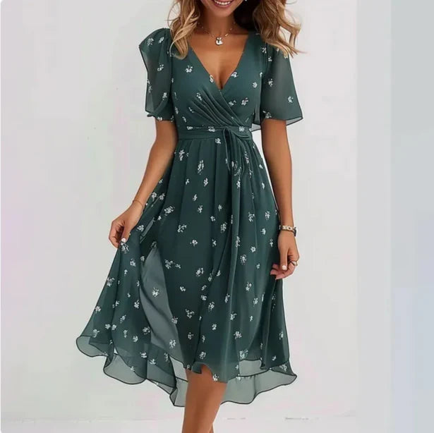 Elegant women's V-neck short sleeve midi dress, perfect for summer casual or day wear.
