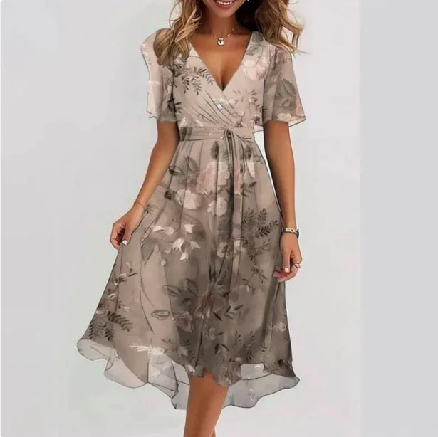 Versatile women's V-neck short sleeve summer dress, suitable for day events and casual outings.