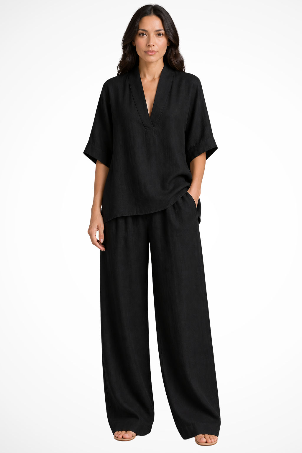 Women's V-Neck Top & Wide Leg Trousers Co-ord Two-Piece Set. Comfortable and chic matching outfit.