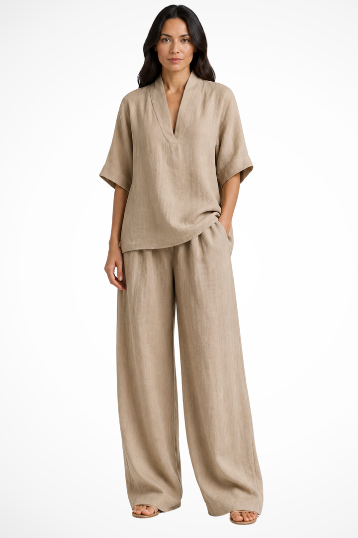 Women's V-neck top & wide leg trousers set, a stylish two-piece coord. Essential for your spring wardrobe.