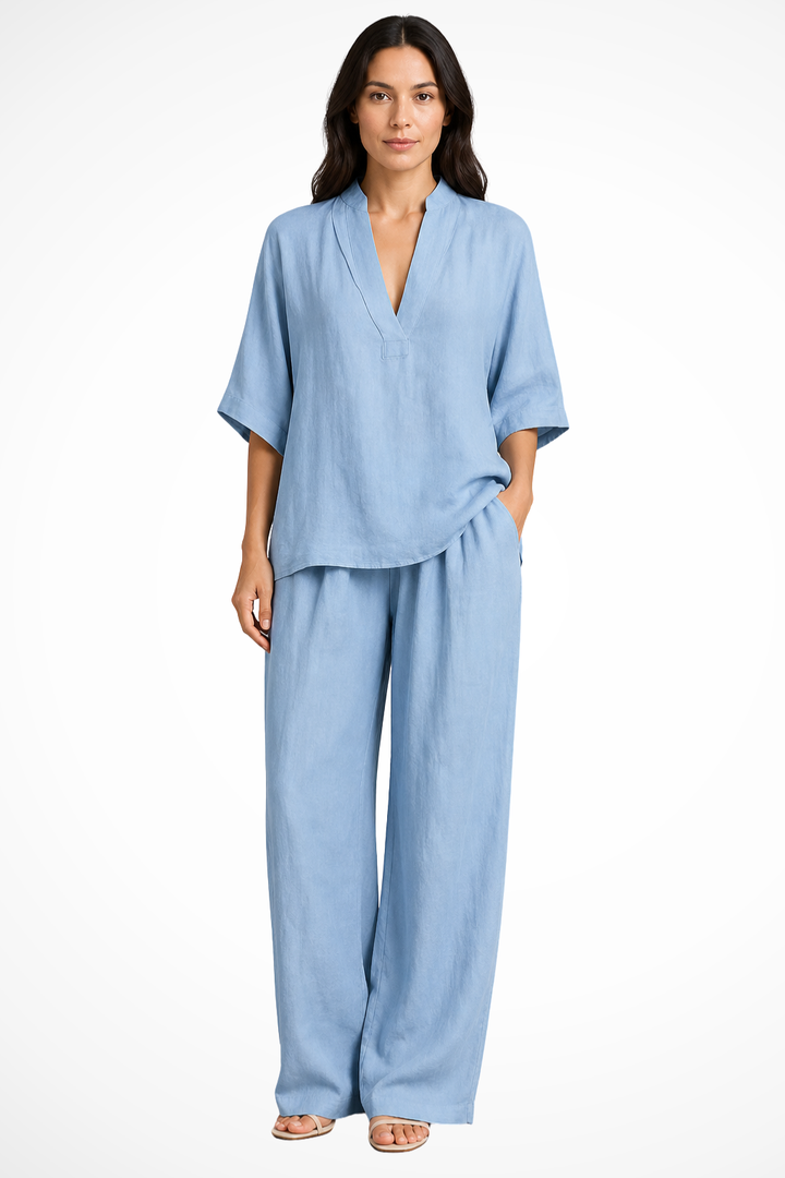 Elegant women's two-piece set: V-neck top & wide leg trousers. Perfect casual summer style and comfortable.