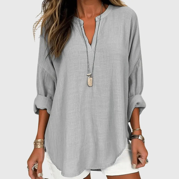 Lightweight V-neck tunic blouse, women's relaxed long sleeve top. Perfect casual wear, beach ready look.
