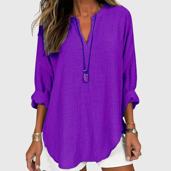 Everyday women's V-neck top, a flowy long sleeve tunic blouse with a comfortable relaxed fit for summer.