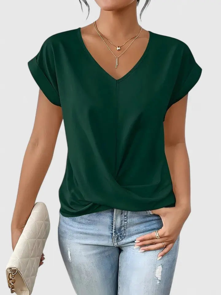 Chic women's V-neck top with a stylish twist front, short sleeves; ideal for versatile fashion & summer outfits.
