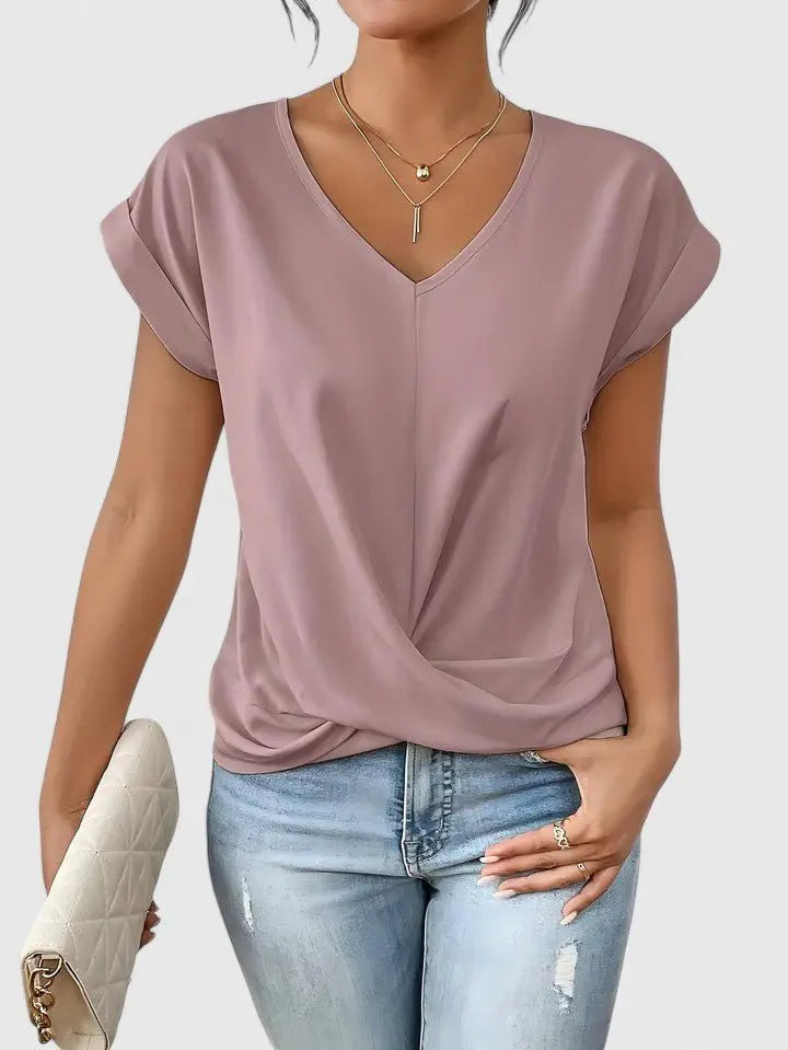 Lightweight women's short sleeve V-neck summer top with a fashionable twist front; perfect for casual comfort.