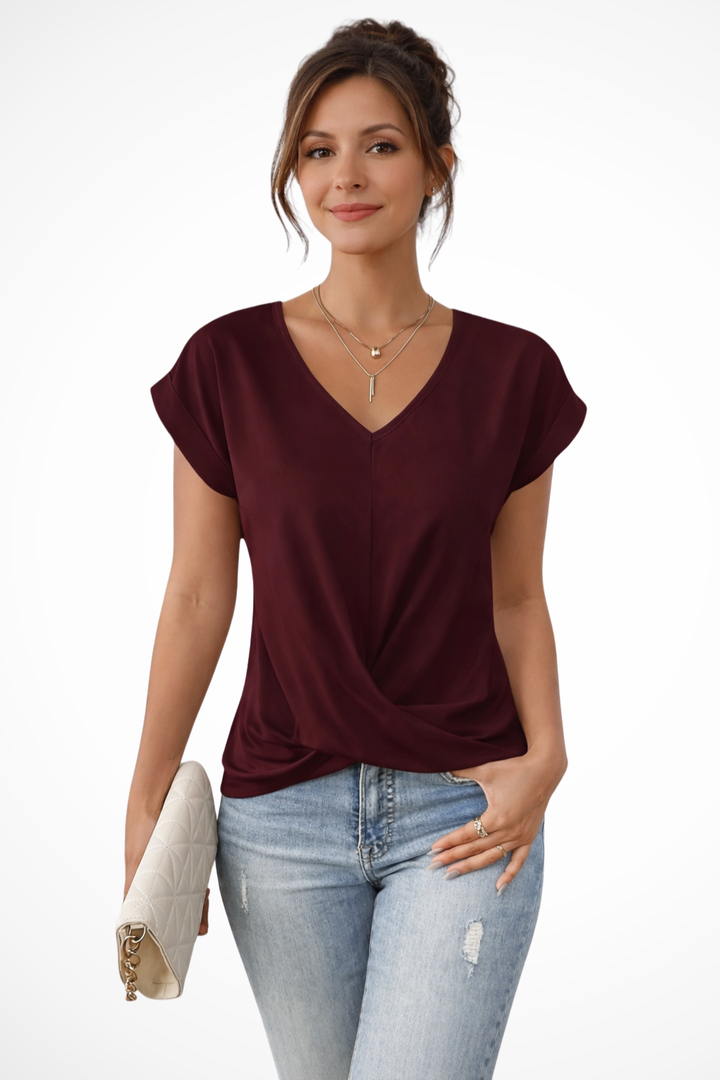 Women's V-neck twist hem short sleeve top, ideal for casual everyday fashion.
