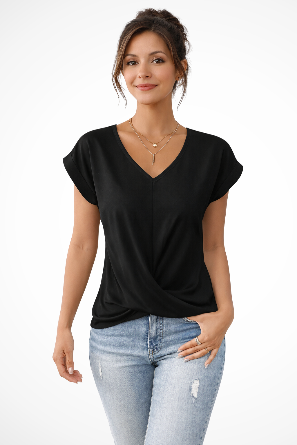 Comfortable women's V-neck top with a unique twist hem, perfect for going out.