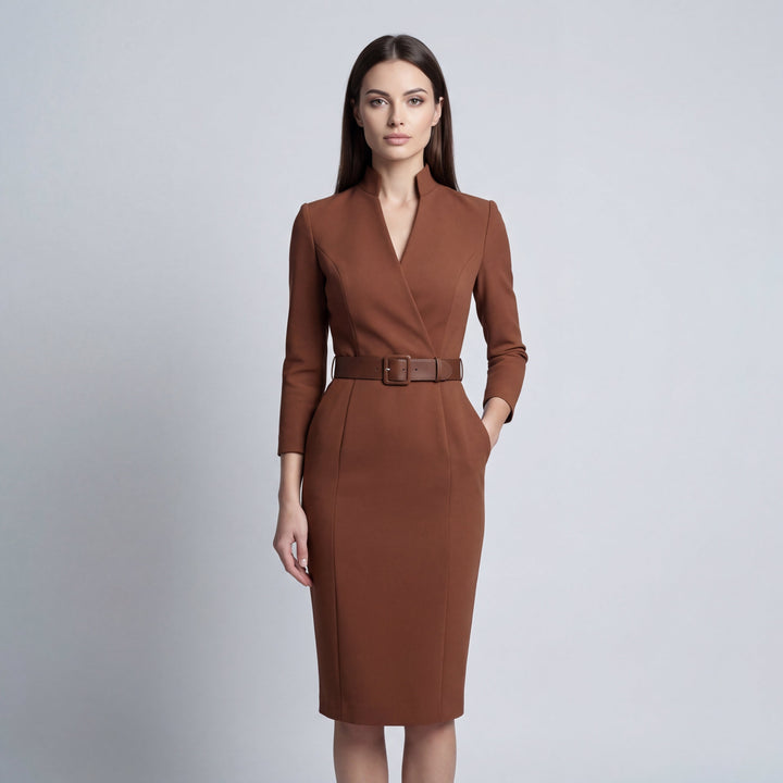 Women's V-neck wrap front belted midi dress, long sleeve. Perfect for elegant workwear or smart casual.