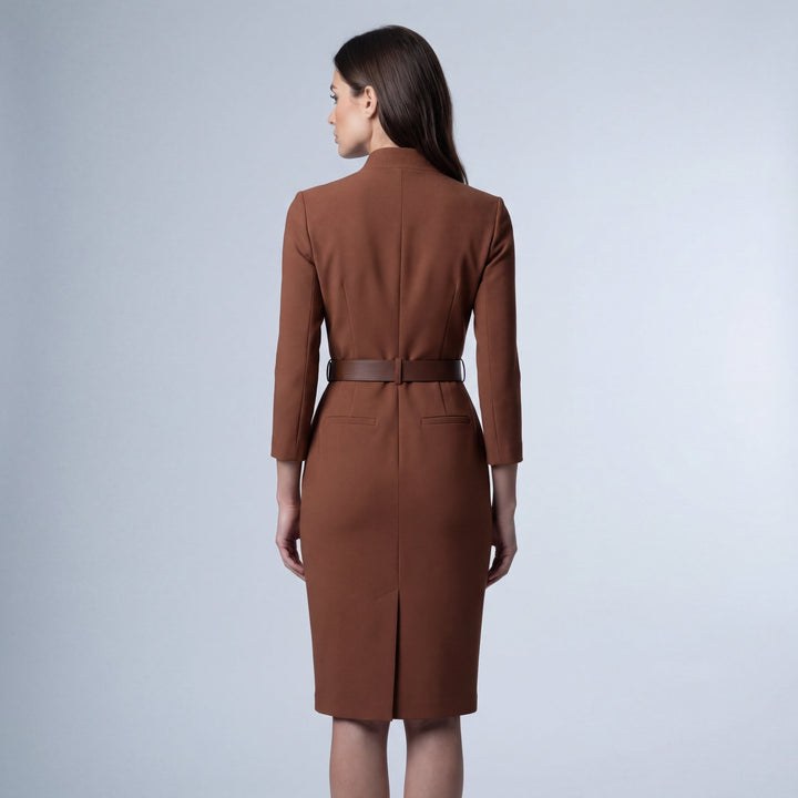 Elegant women's V-neck wrap midi dress with long sleeves and flattering belt. Ideal for sophisticated style.