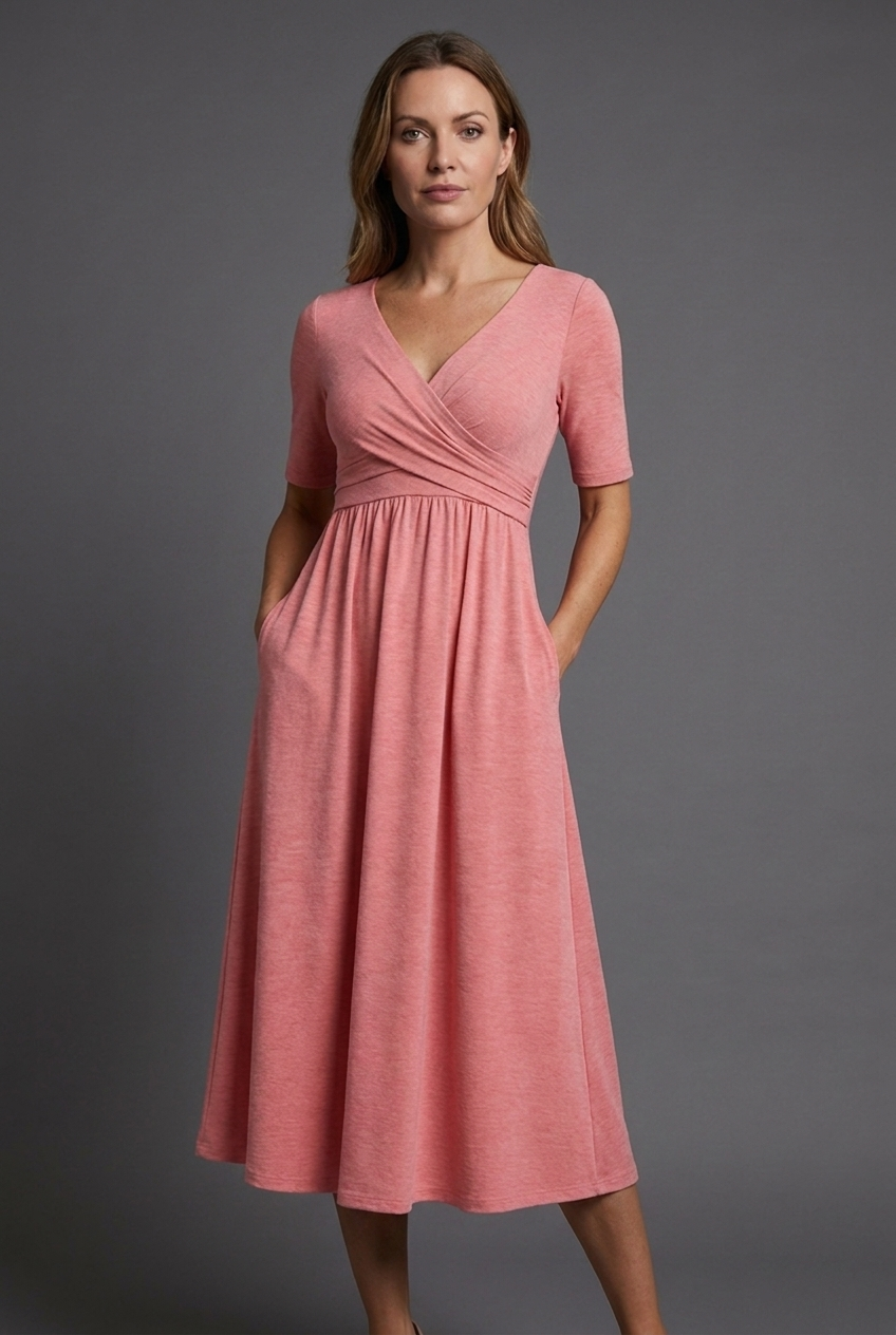 Women's V-neck wrap front midi summer dress with practical pockets, ideal for casual or elegant occasions.