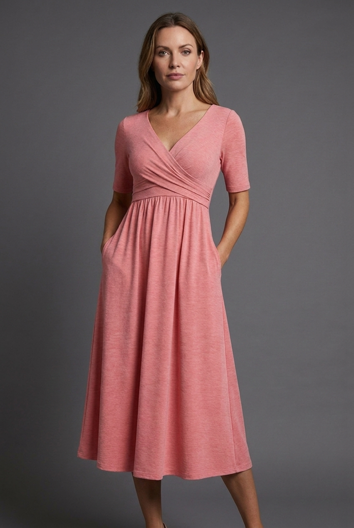 Women's V-neck wrap front midi summer dress with practical pockets, ideal for casual or elegant occasions.