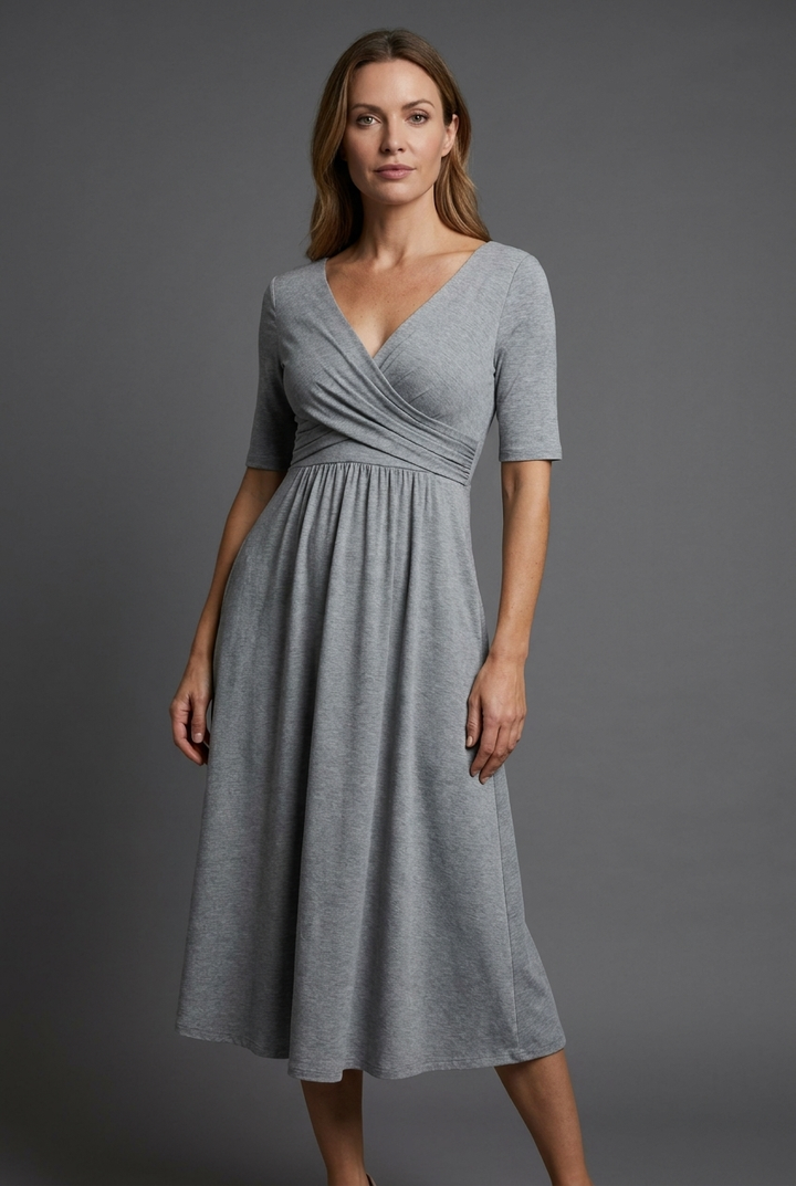 Elegant women's V-neck wrap midi dress, short sleeve, perfect for a sophisticated summer occasion or casual wear.