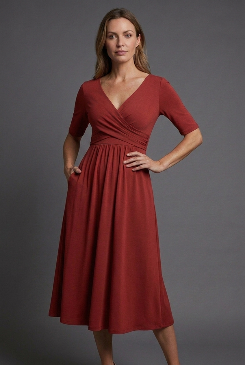 Chic V-neck, wrap-front midi dress for women with short sleeves & pockets. A comfortable, versatile summer staple.