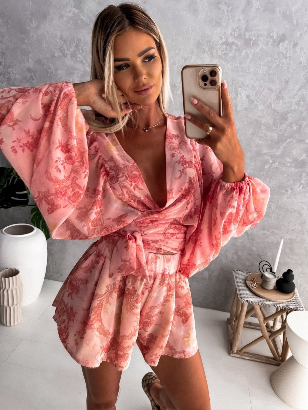 Women's V-neck wrap front short set with tie waist, ideal for casual elegant summer fashion.