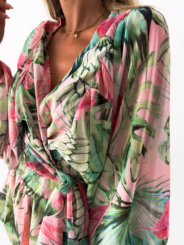 Women's two-piece short set, V-neck, wrap front, tie waist. Casual elegant coordinated outfit for warm days.