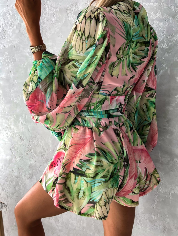 Comfy yet elegant women's V-neck short set, wrap front top, tie-waist shorts for warm weather casual wear.