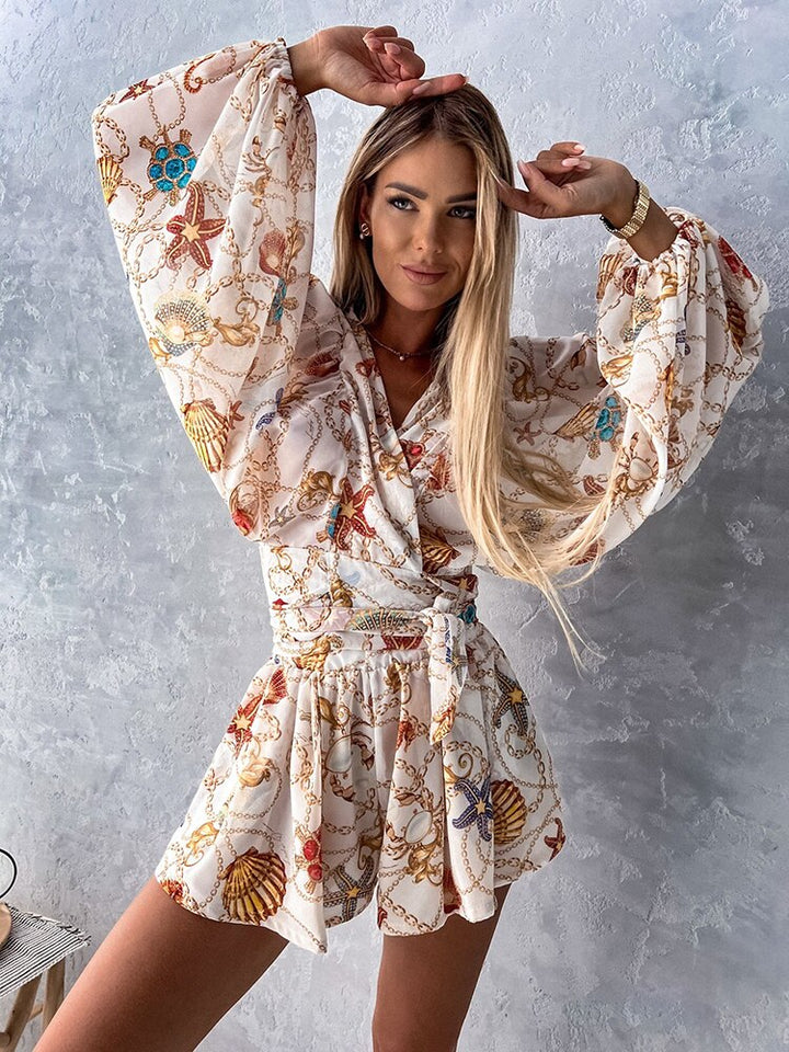 Flattering V-neck wrap front short set for women, with a chic tie waist. Effortless elegance, two-piece.
