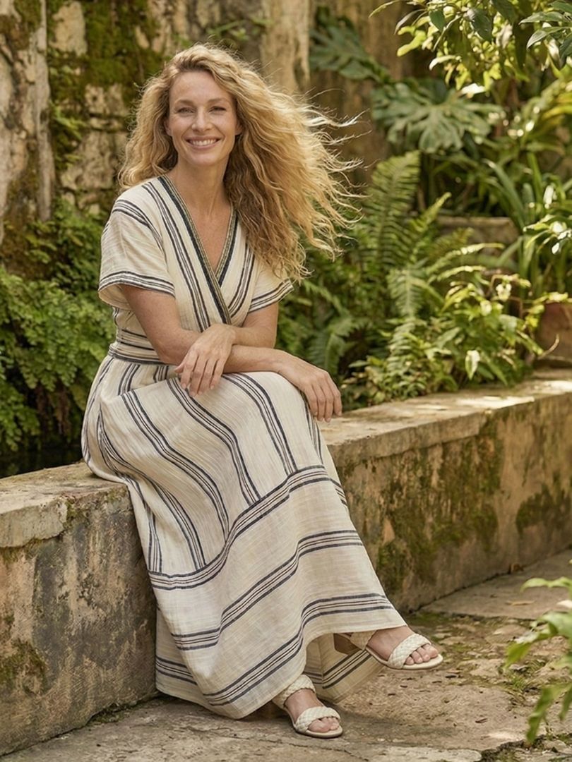 Striped women's V-neck short sleeve midi wrap dress. Elegant yet casual, perfect for summer day wear.