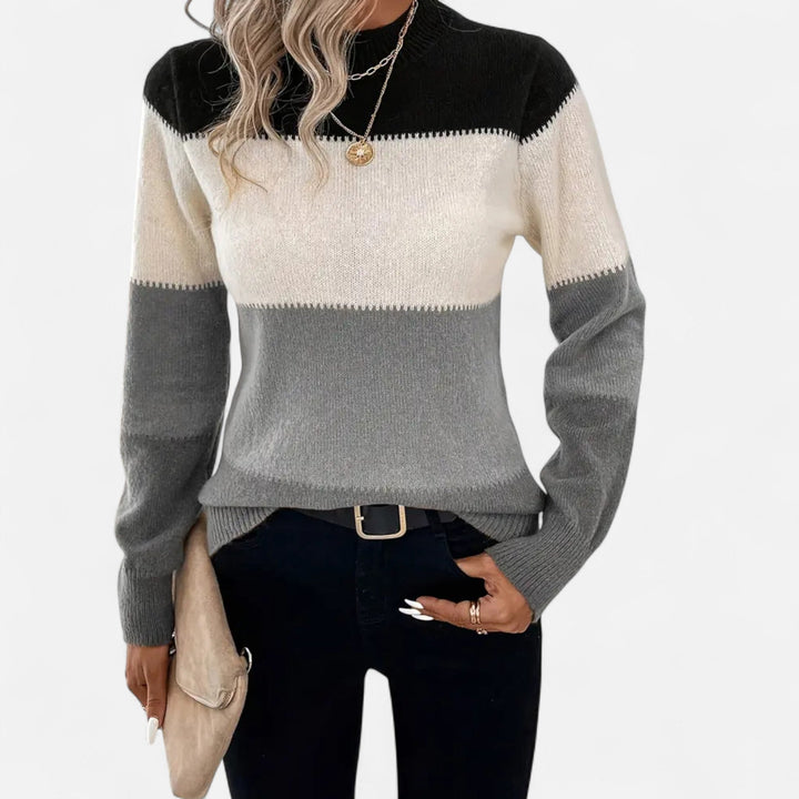 Women's Valmonti striped crew neck sweater, a stylish and comfortable knit pullover perfect for casual elegance.