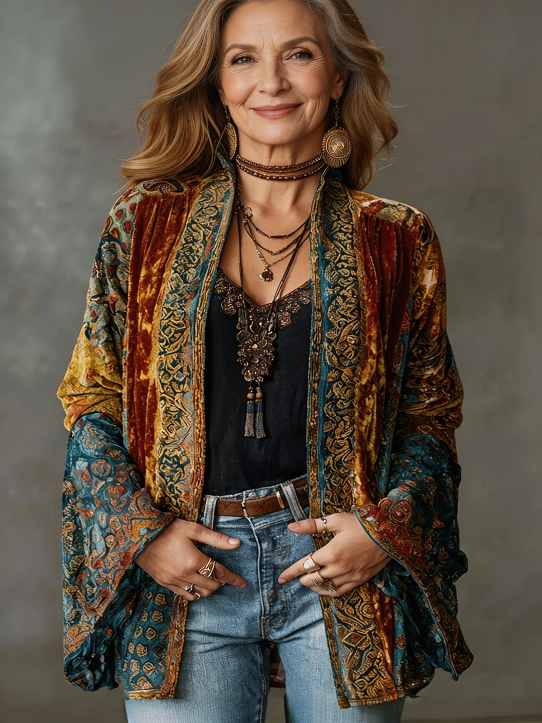 Women's velvet-touch bohemian cardigan with artistic patterns. Elegant long-sleeve layering for a stylish look.