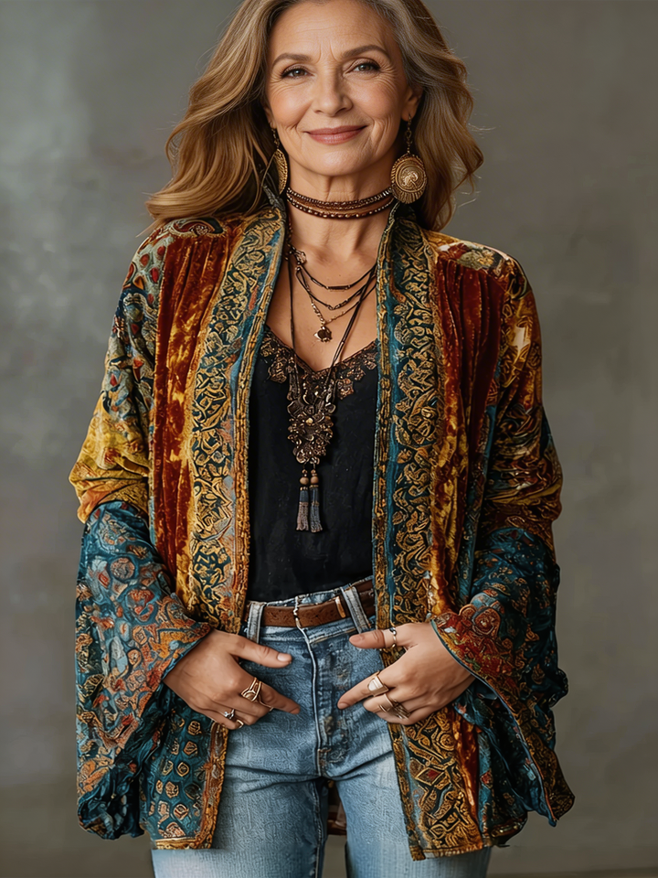 Women's velvet-touch bohemian cardigan with artistic patterns. Elegant long-sleeve layering for a stylish look.