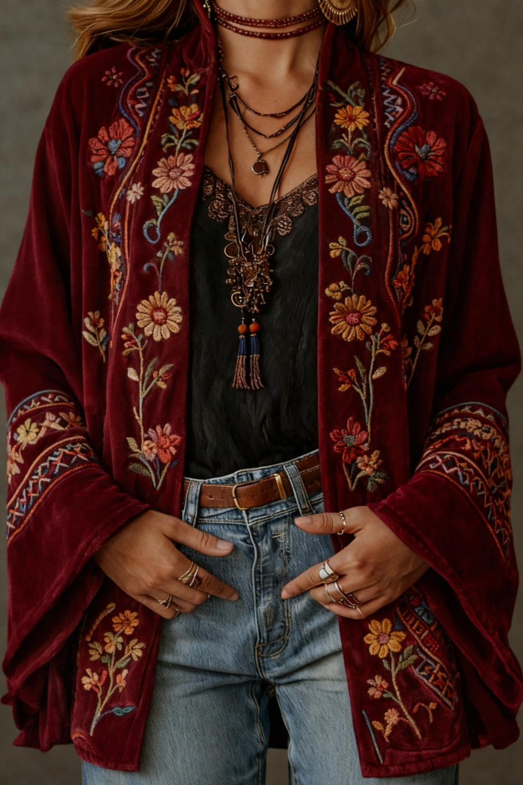 Versatile women's bohemian cardigan, velvet-touch. Features artistic patterns, ideal for stylish and elegant layering.
