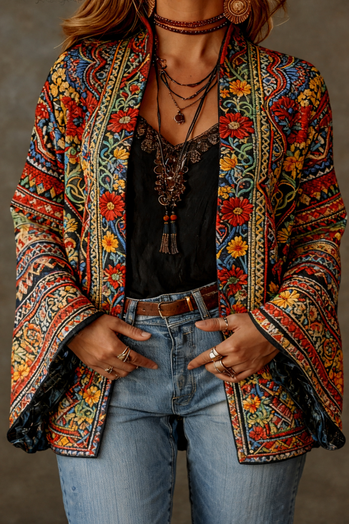 Close-up of women's velvet-touch bohemian cardigan showcasing intricate artistic patterns. Stylish elegant layering.