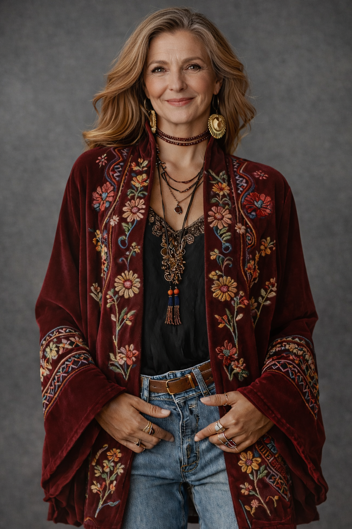 Textural women's velvet-touch bohemian cardigan featuring vibrant artistic patterns. Stylish unique outerwear.