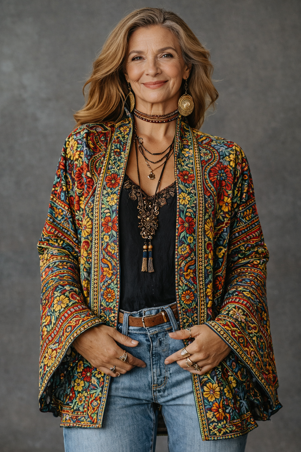Fashionable women's bohemian cardigan with velvet-touch fabric & artistic patterns. Stylish long-sleeve unique outerwear.