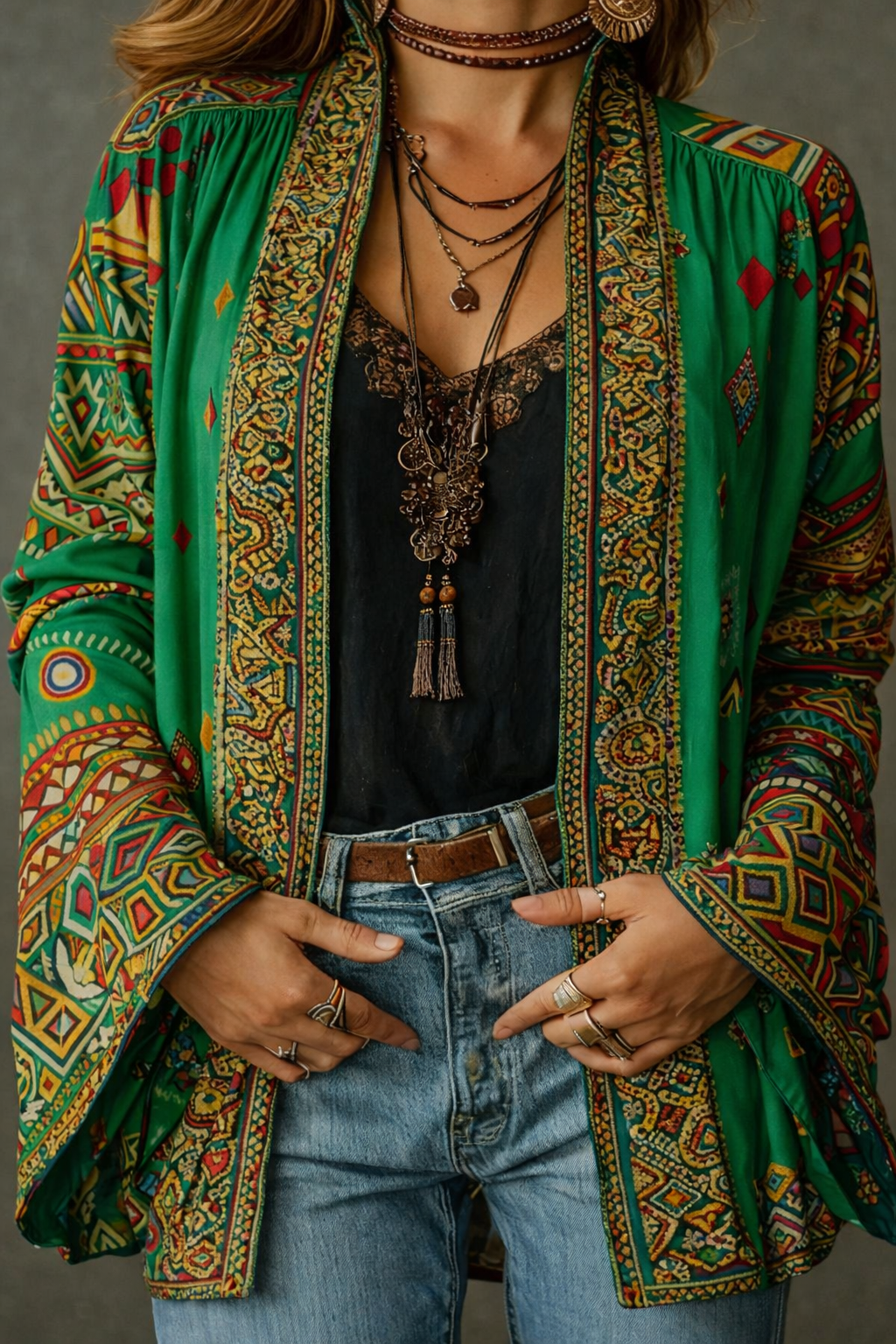 Detailed view of a soft velvet-touch bohemian cardigan for women, displaying its unique artistic patterns and elegant design.