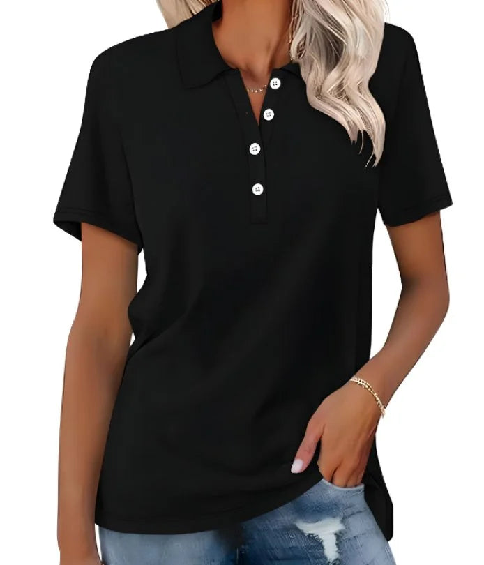 Women's chic polo shirt, classic collared design, short sleeve for versatile casual style.