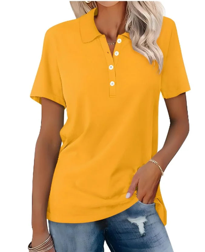 Short sleeve women's polo with a split hem, collared top for a versatile casual or office look.