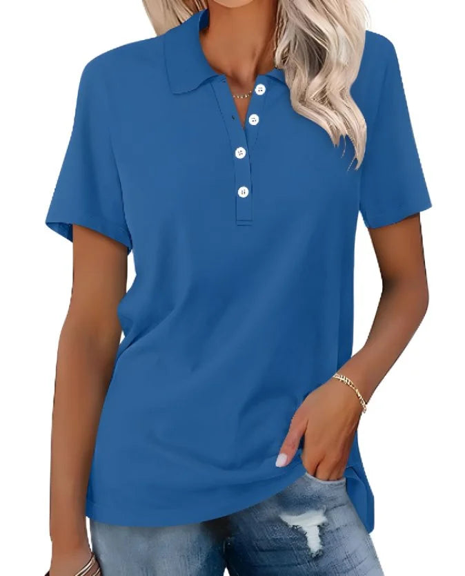 Casual women's collared top, a versatile short sleeve polo shirt for elegant office attire.