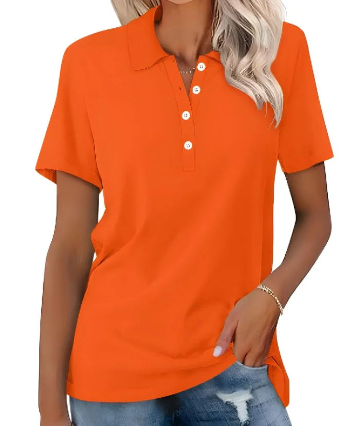 Classic women's polo shirt, short sleeve & collared, offering chic style and everyday comfort.