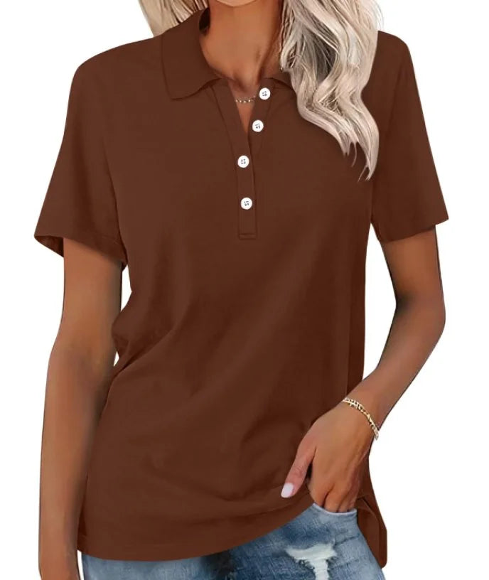 Versatile women's polo with a button placket & split hem, great for casual fashion.