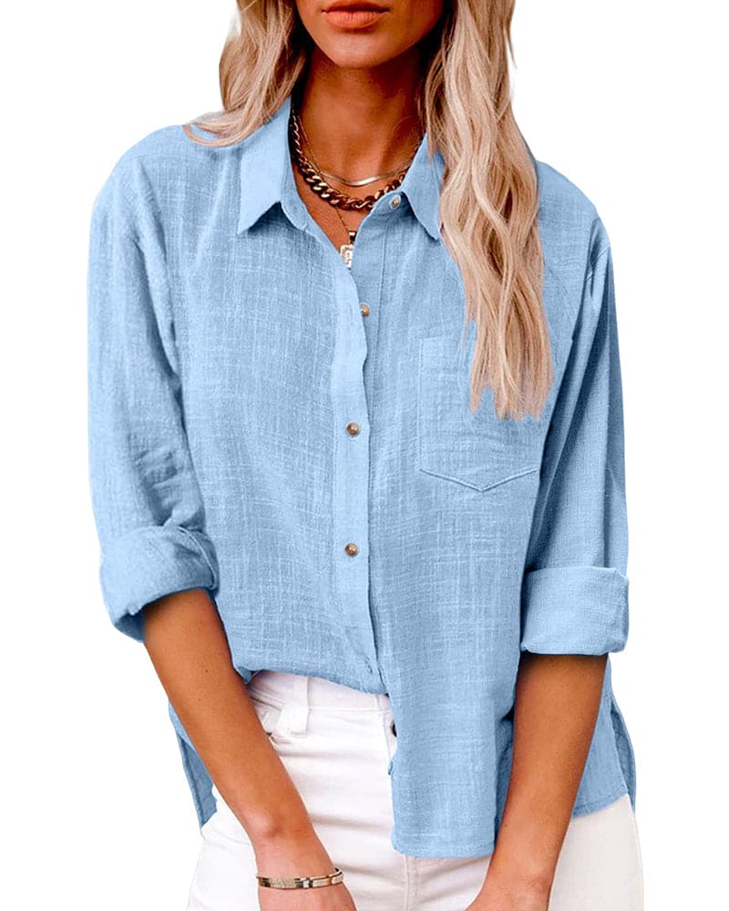 Women's versatile long sleeve blouse with practical pockets for everyday fashion.