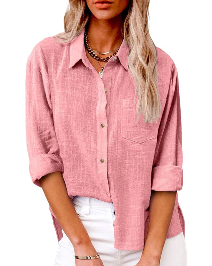 Stylish women's long sleeve shirt featuring practical front pockets for versatile wear.