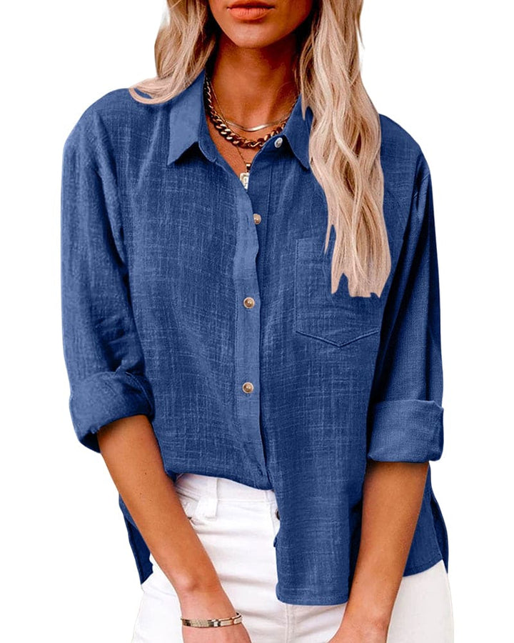 Everyday fashion women's top: a long sleeve blouse with a relaxed fit and practical pockets.