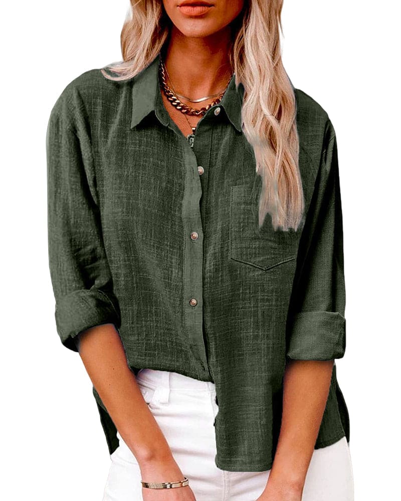 Women's casual elegant long sleeve blouse with practical pockets, ideal for versatile styling.