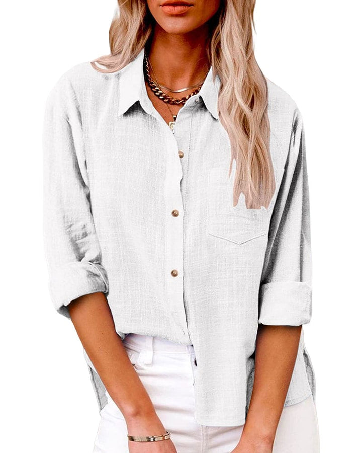 Versatile women's long sleeve blouse featuring practical pockets, suitable for many occasions.