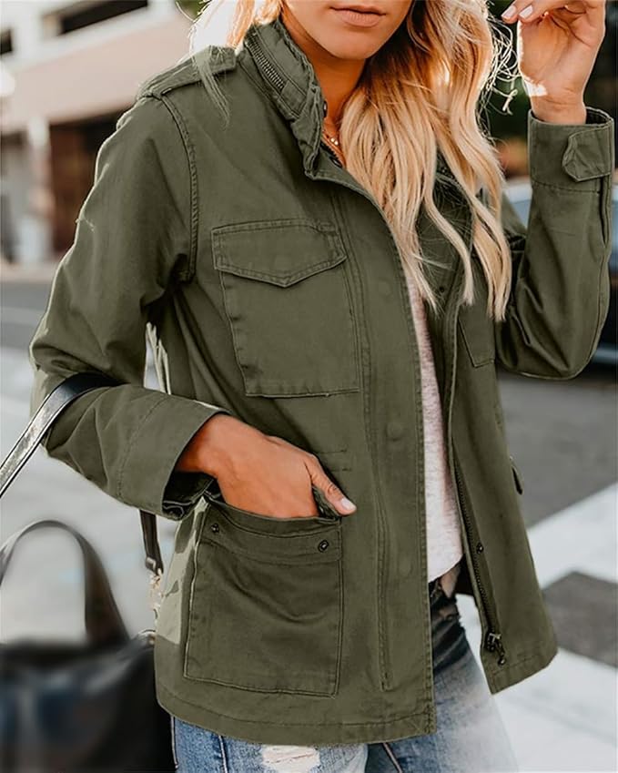 Women's versatile utility jacket in olive green, perfect for everyday casual wear. Features multi-pockets & button-up front.