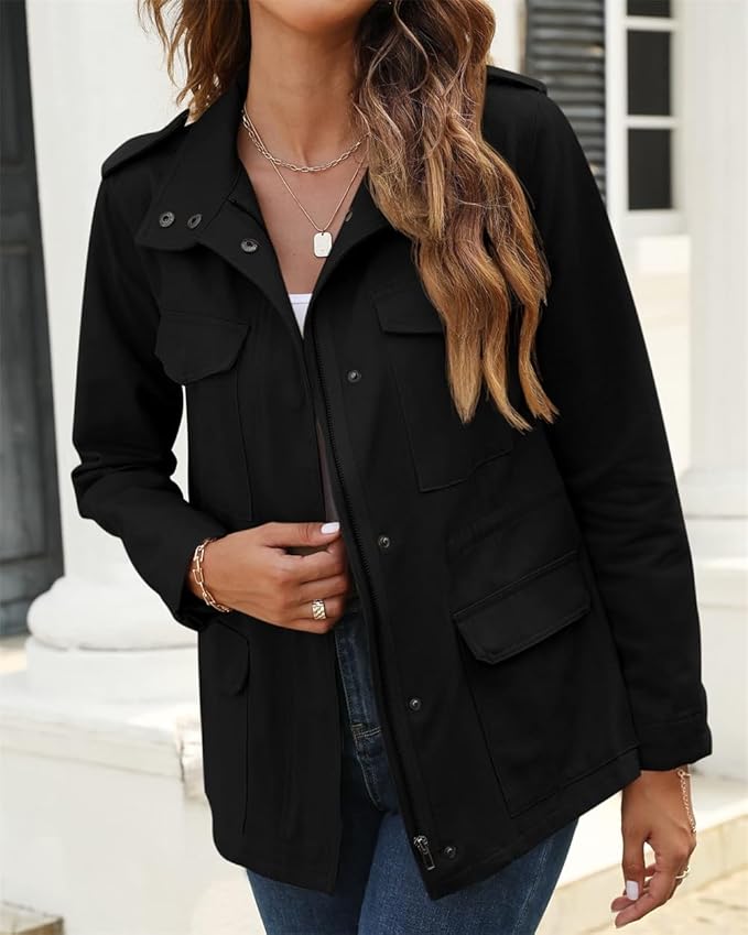 Close-up of a women's casual utility jacket showing its practical multi-pockets and sturdy button-up closure.